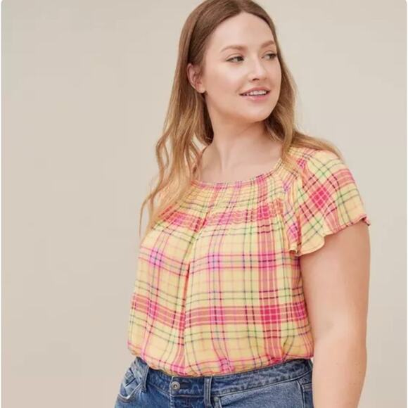 Torrid | Smocked Crew Neck Blouse Top Crinkle Gauze Plaid Yellow Pink Plus 1X - Picture 1 of 6